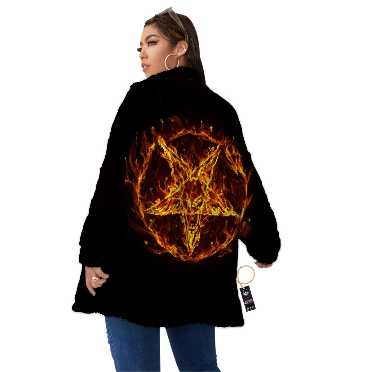 Pentagram Satanic Flame Print Women's Sherpa Jacket-grizzshop
