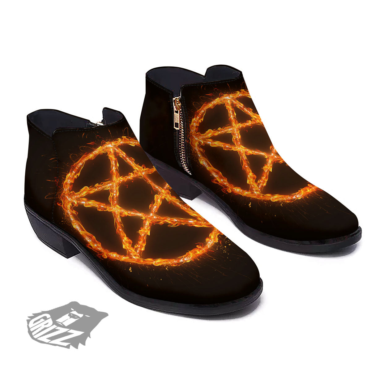 Pentagram Symbol Flaming Print Ankle Boots-grizzshop