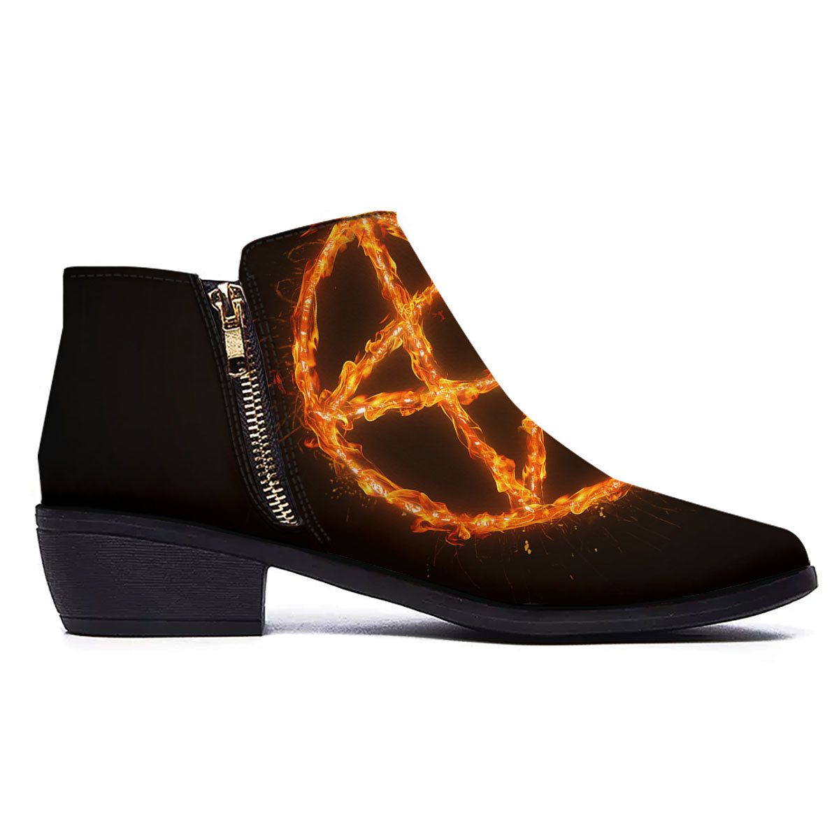 Pentagram Symbol Flaming Print Ankle Boots-grizzshop