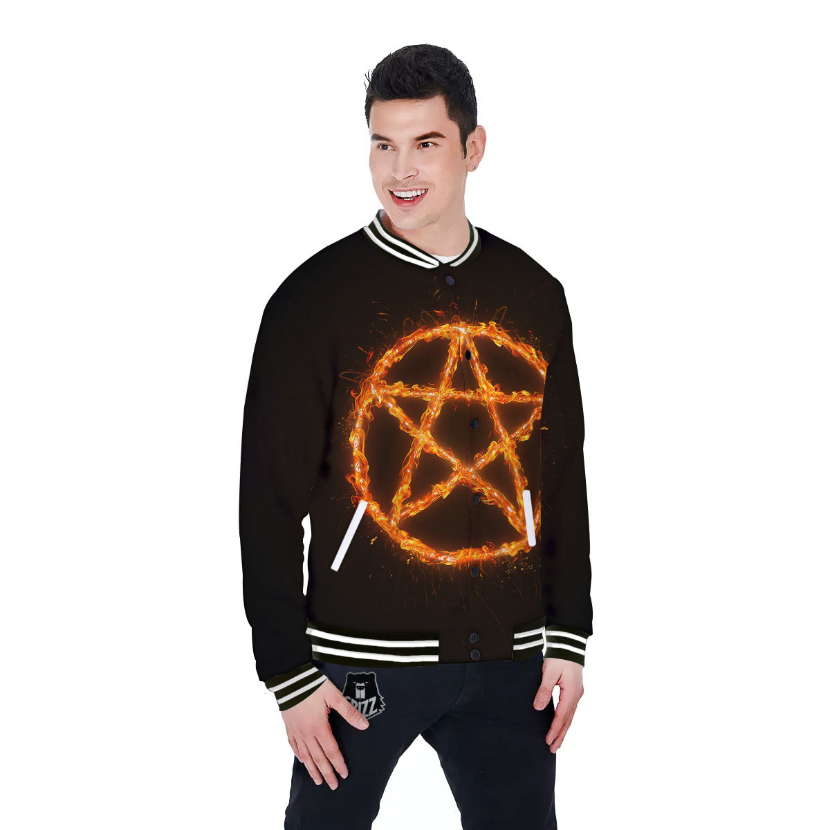 Pentagram Symbol Flaming Print Baseball Jacket-grizzshop
