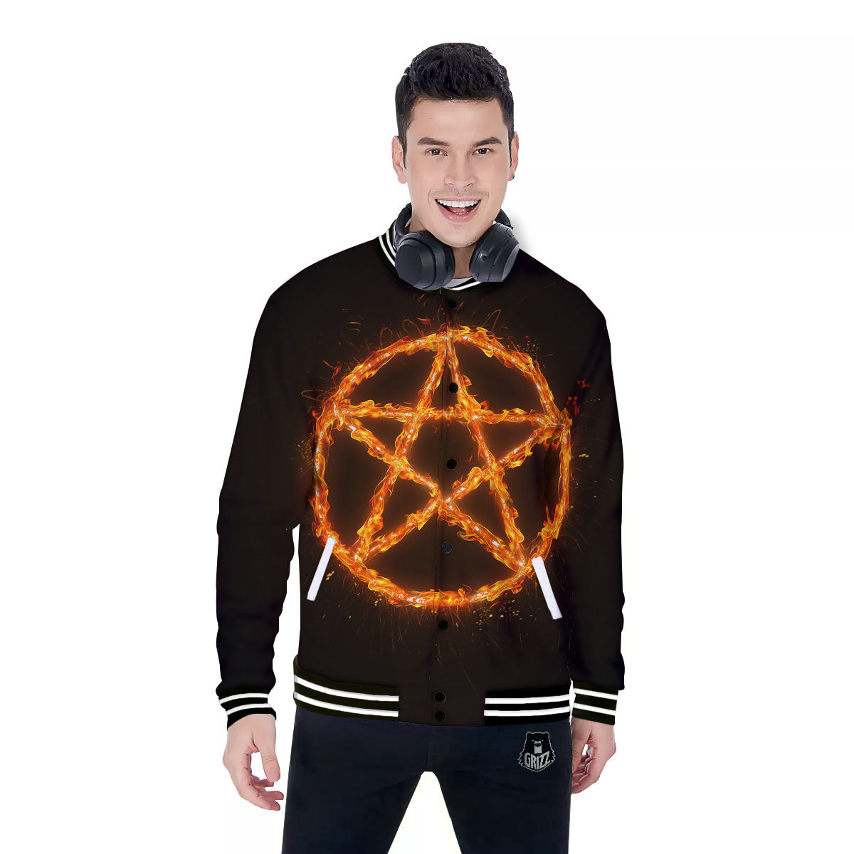 Pentagram Symbol Flaming Print Baseball Jacket-grizzshop