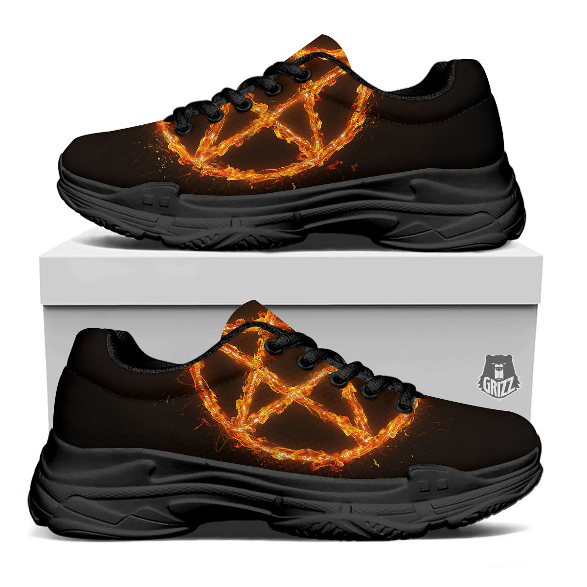 Pentagram Symbol Flaming Print Black Chunky Shoes-grizzshop