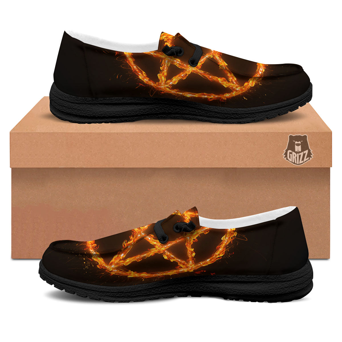 Pentagram Symbol Flaming Print Black Loafers-grizzshop
