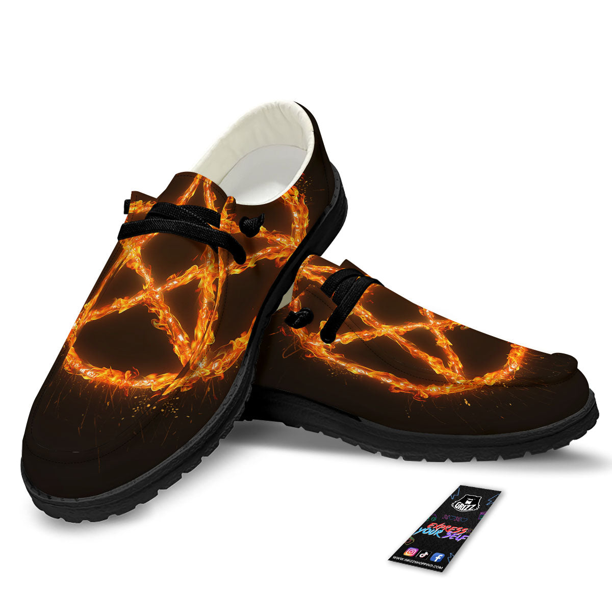 Pentagram Symbol Flaming Print Black Loafers-grizzshop