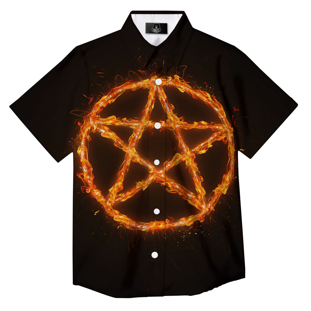 Pentagram Symbol Flaming Print Button Up Shirt-grizzshop