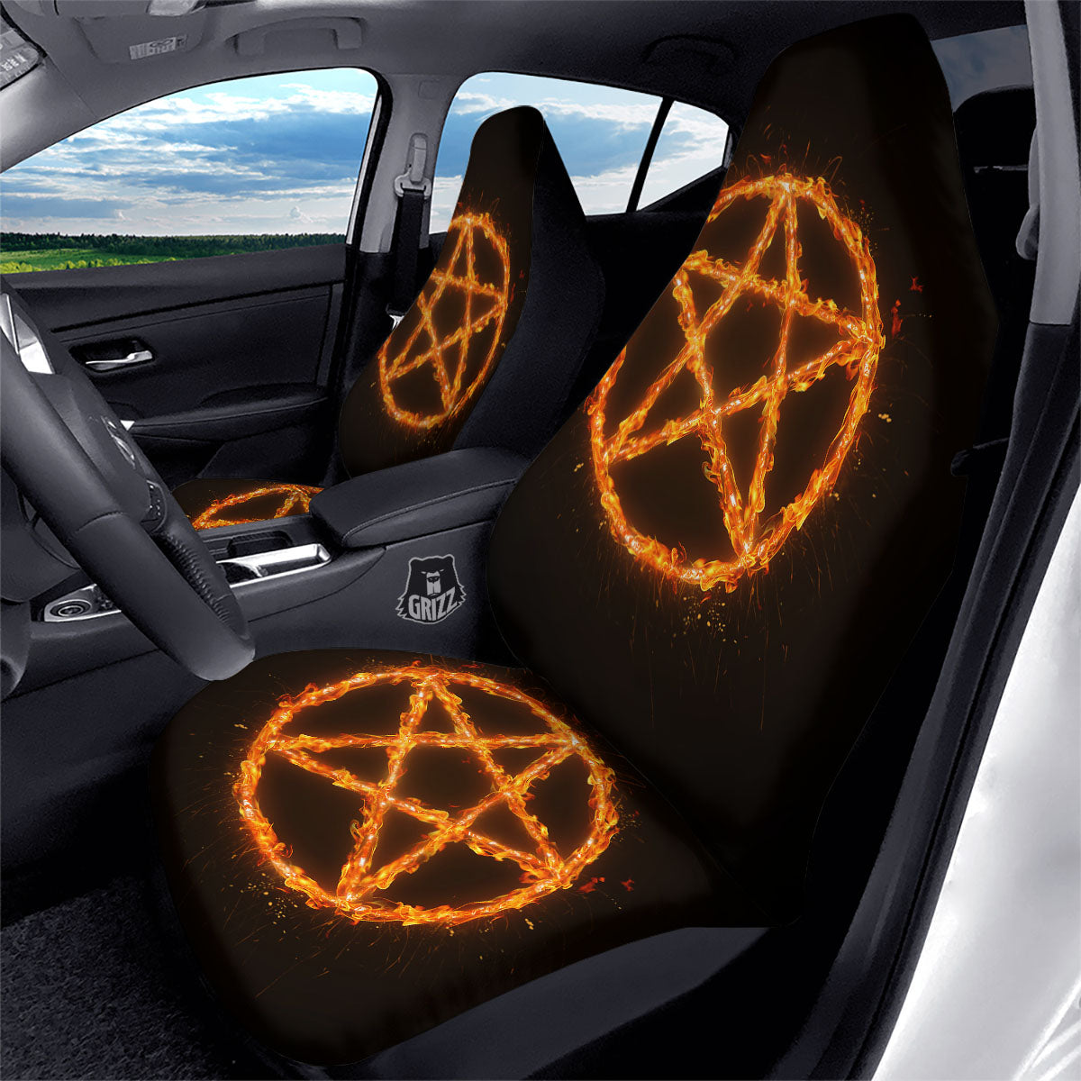 Pentagram Symbol Flaming Print Car Seat Covers-grizzshop