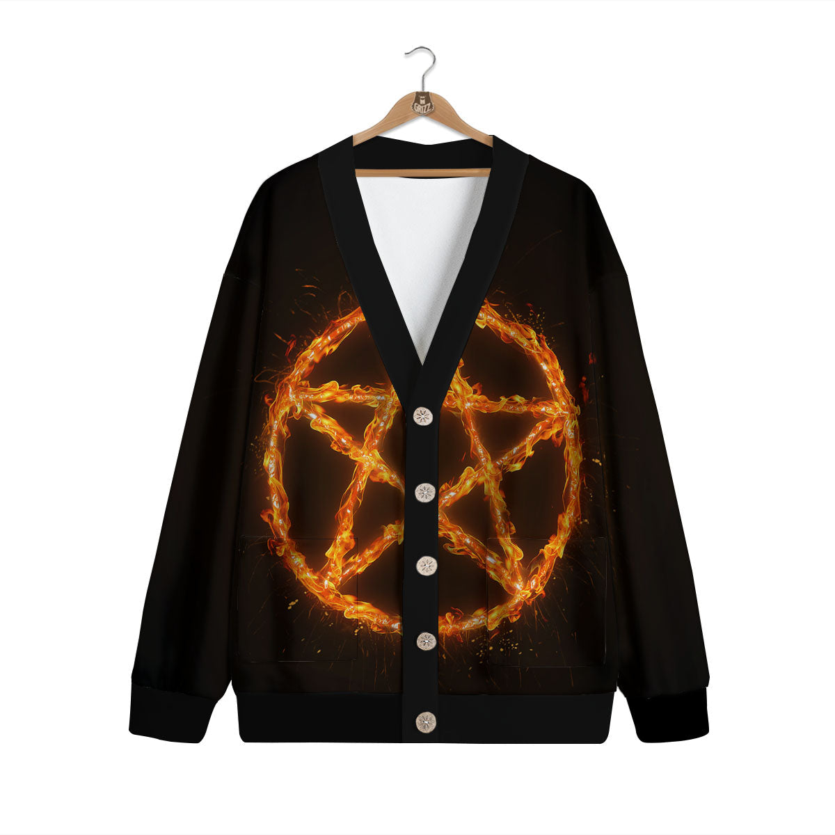 Pentagram Symbol Flaming Print Cardigan-grizzshop