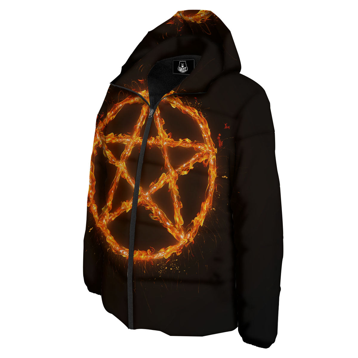 Pentagram Symbol Flaming Print Down Jacket-grizzshop