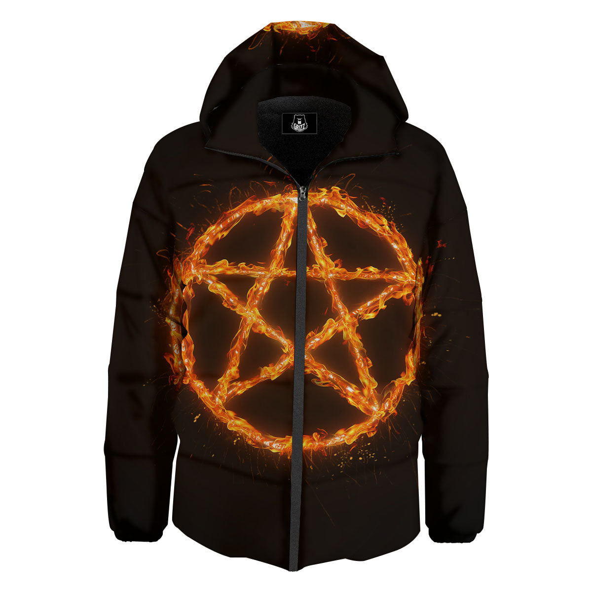 Pentagram Symbol Flaming Print Down Jacket-grizzshop