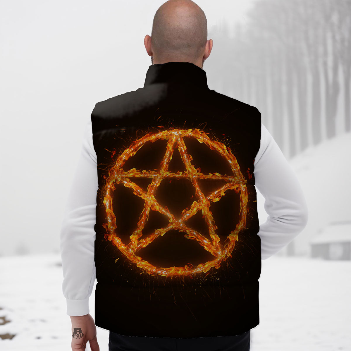 Pentagram Symbol Flaming Print Down Vest