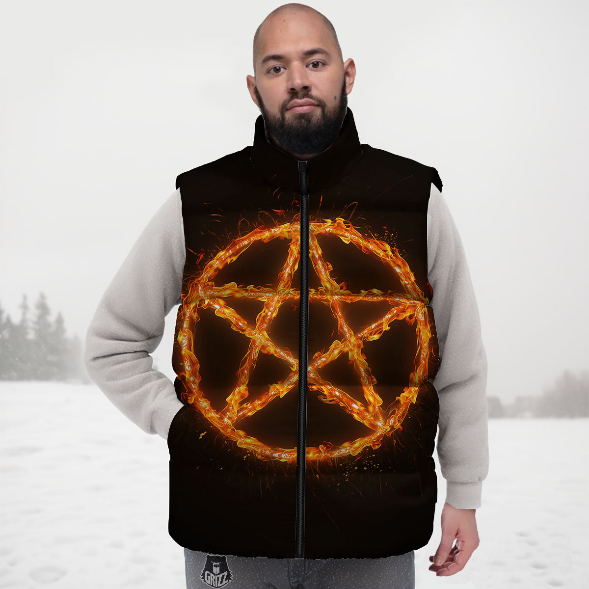 Pentagram Symbol Flaming Print Down Vest