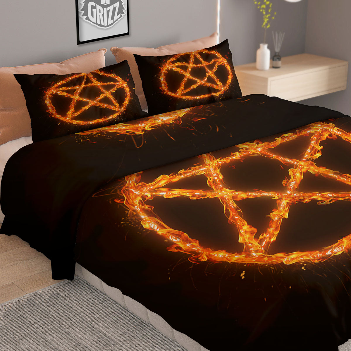 Pentagram Symbol Flaming Print Duvet Cover Bedding Set
