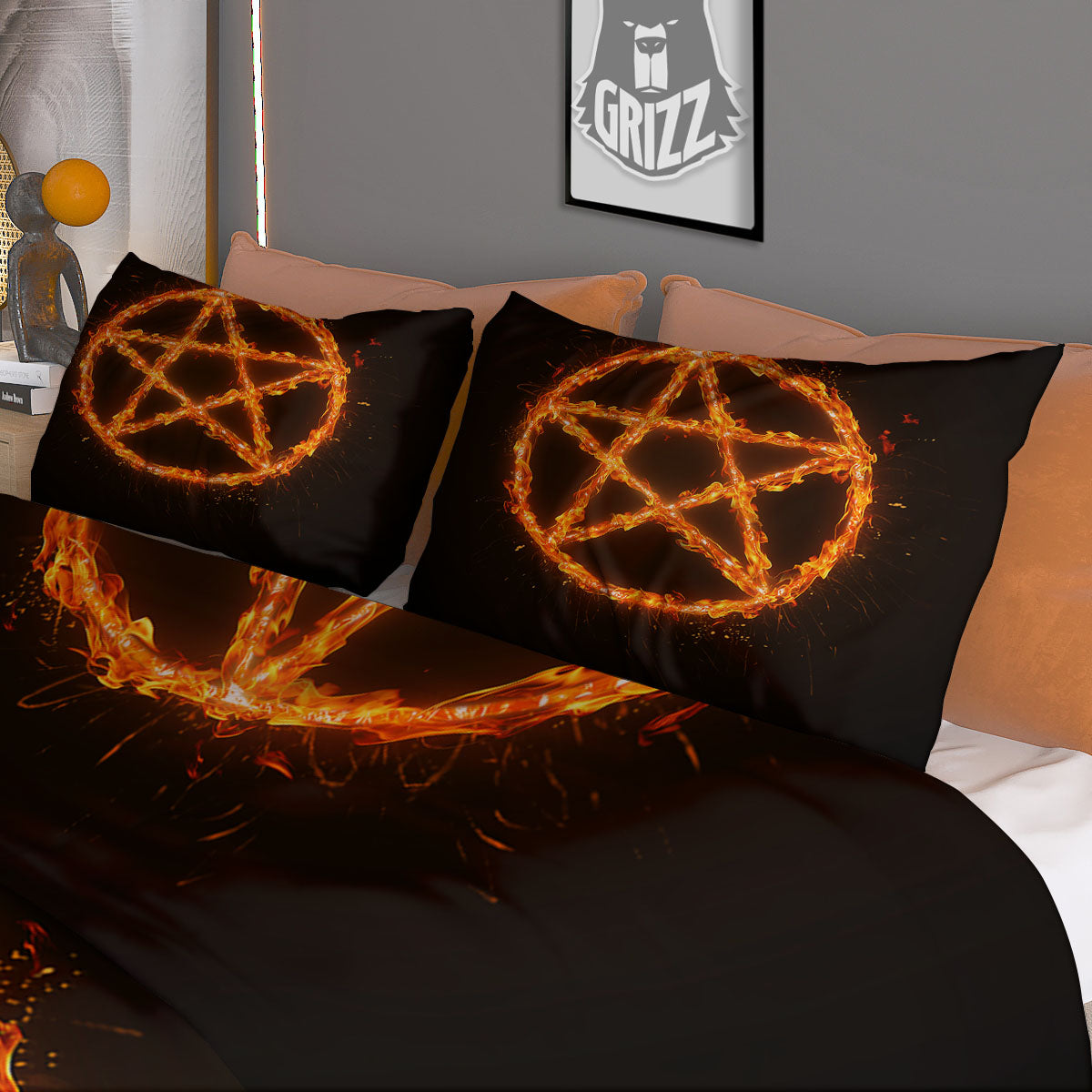 Pentagram Symbol Flaming Print Duvet Cover Bedding Set