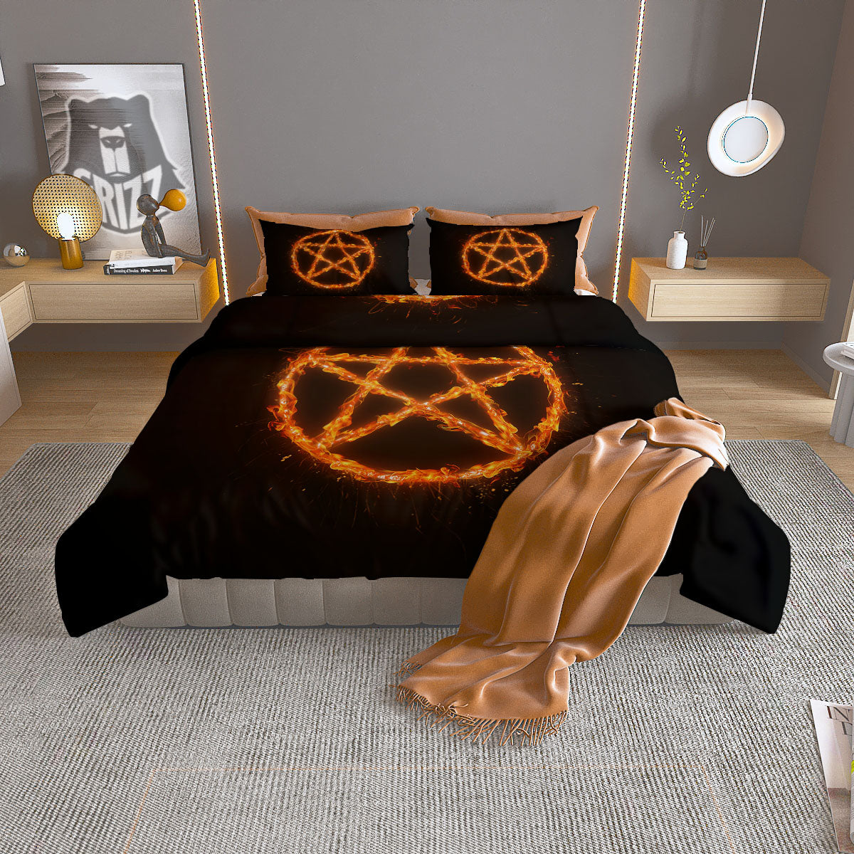Pentagram Symbol Flaming Print Duvet Cover Bedding Set