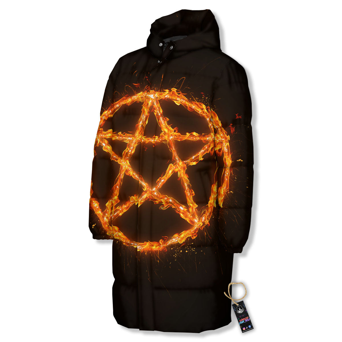 Pentagram Symbol Flaming Print Long Down Jacket-grizzshop
