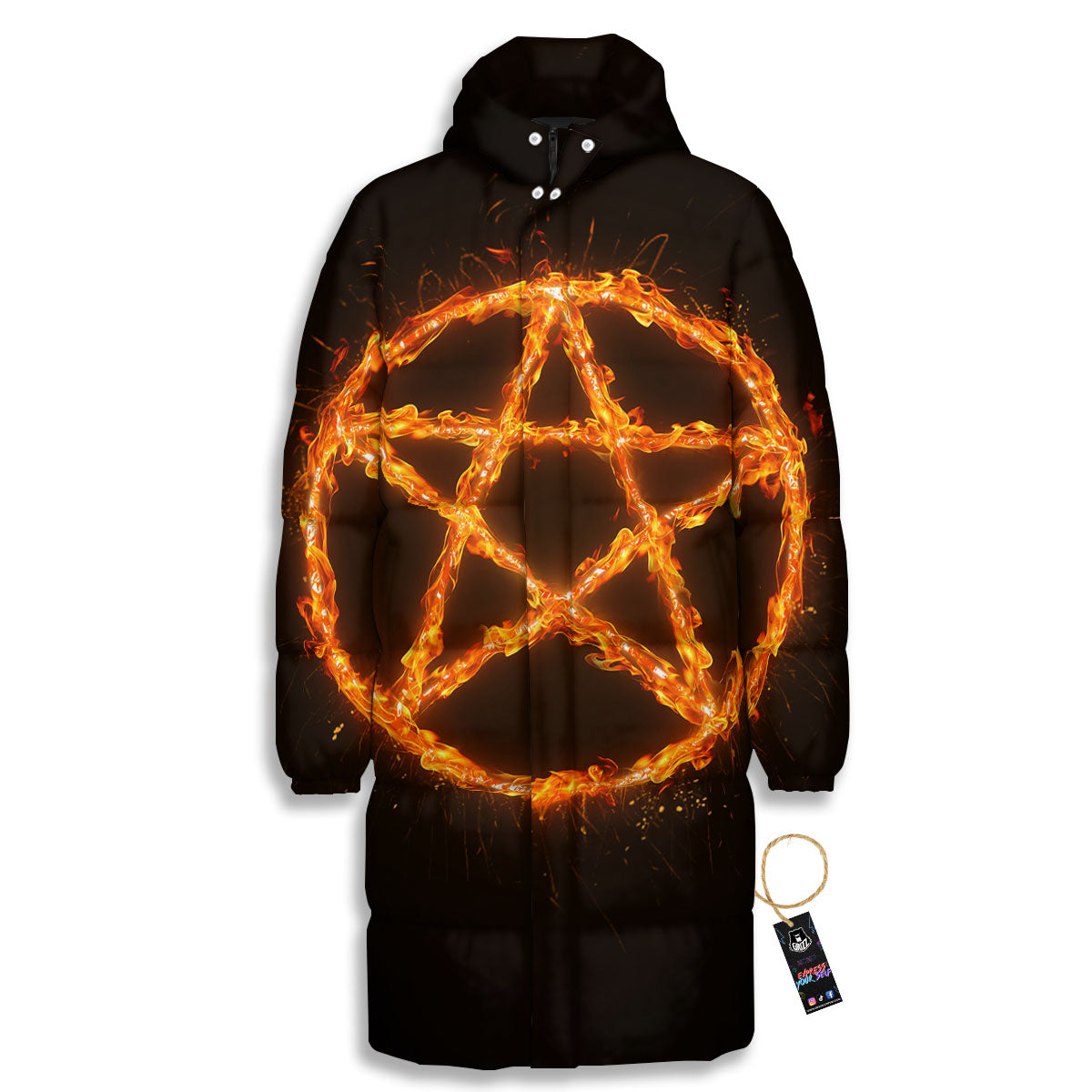 Pentagram Symbol Flaming Print Long Down Jacket-grizzshop