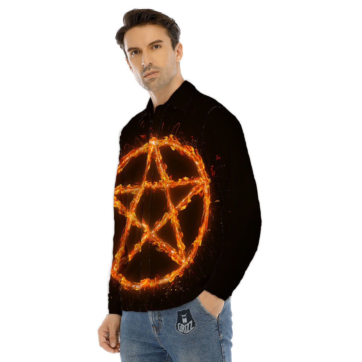 Pentagram Symbol Flaming Print Men's Dress Shirts-grizzshop