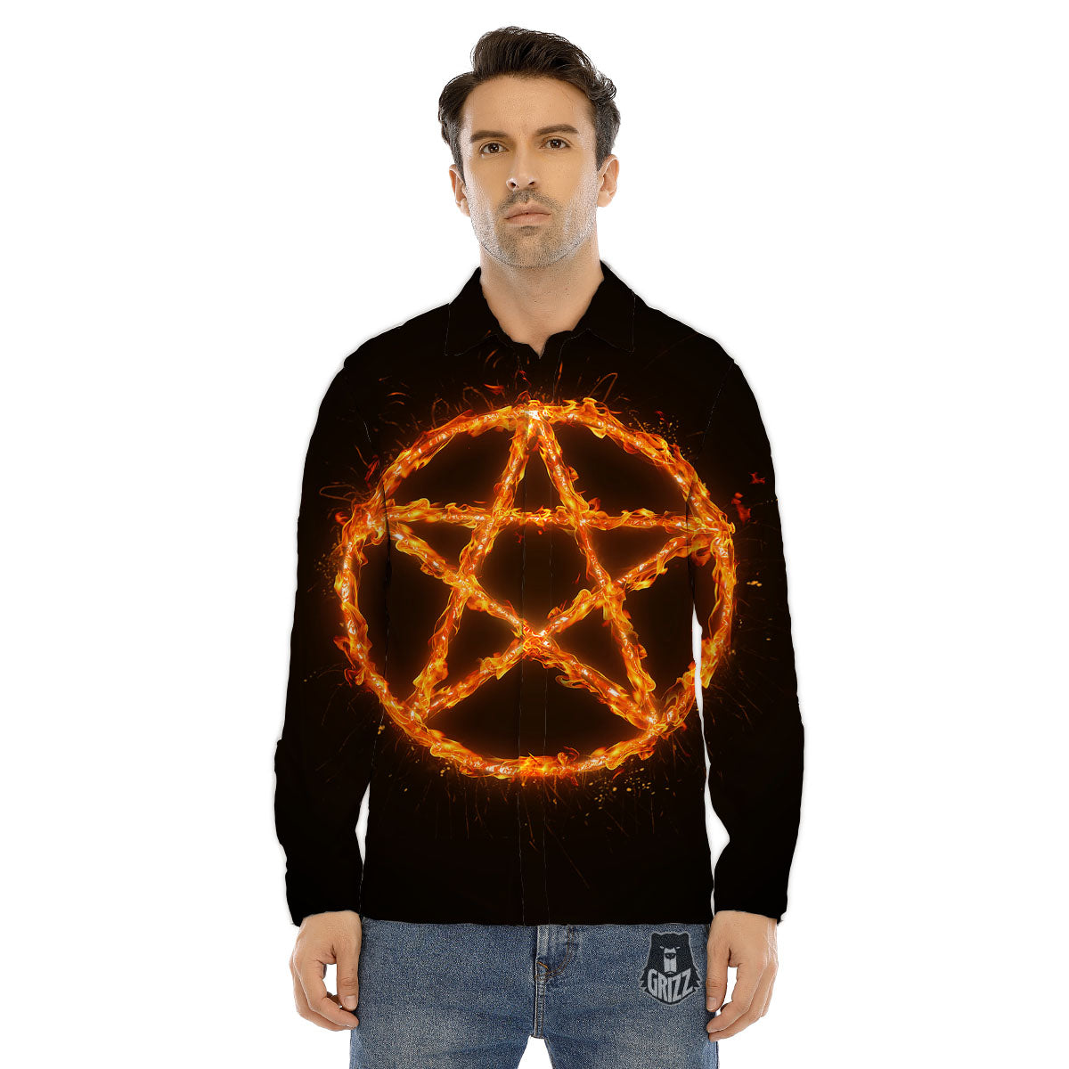 Pentagram Symbol Flaming Print Men's Dress Shirts-grizzshop