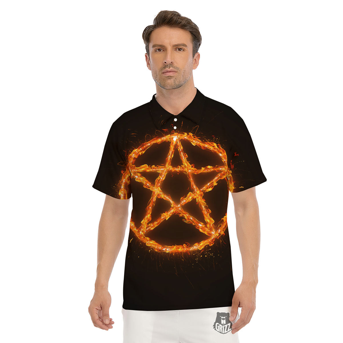 Pentagram Symbol Flaming Print Men's Golf Shirts-grizzshop