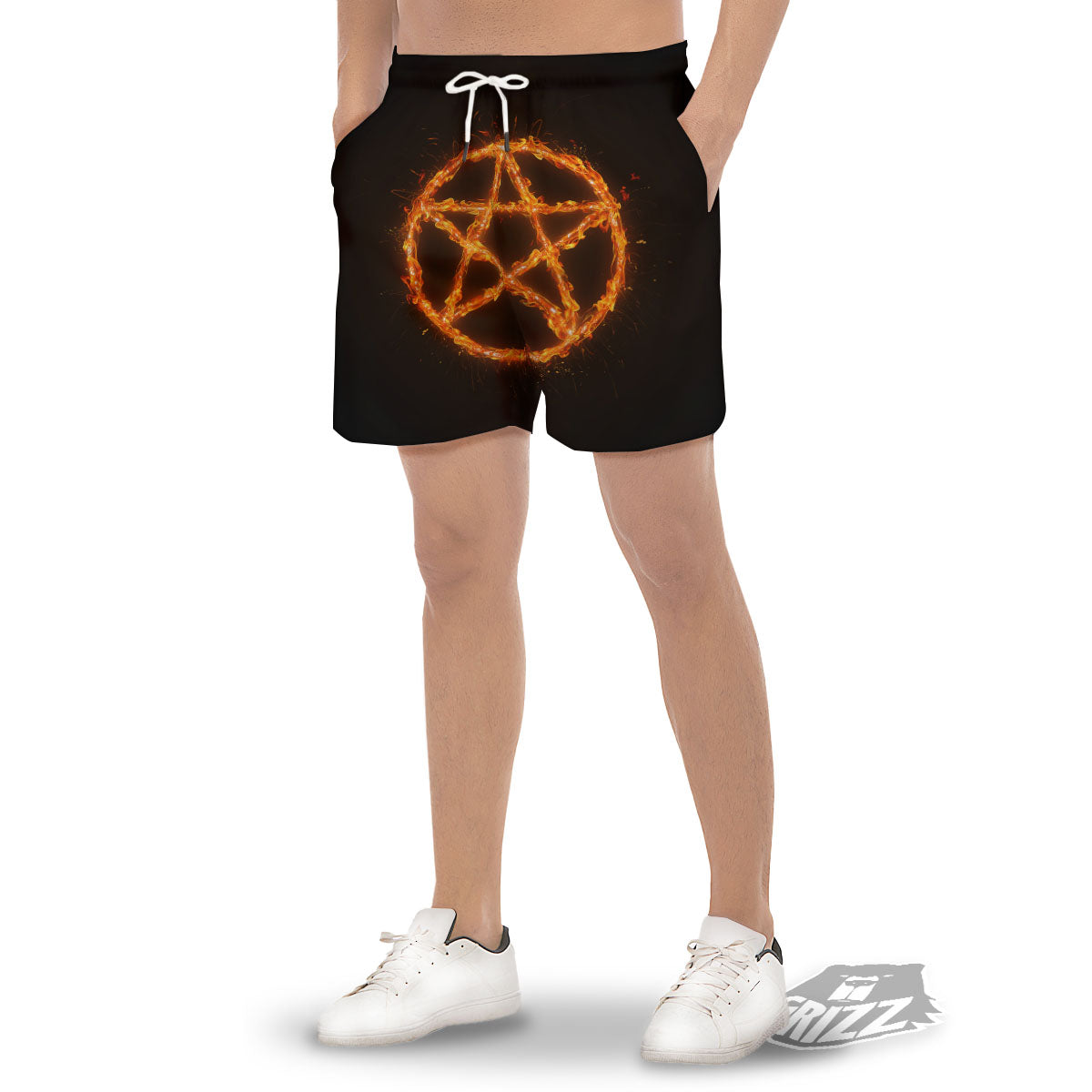 Pentagram Symbol Flaming Print Men's Gym Shorts-grizzshop