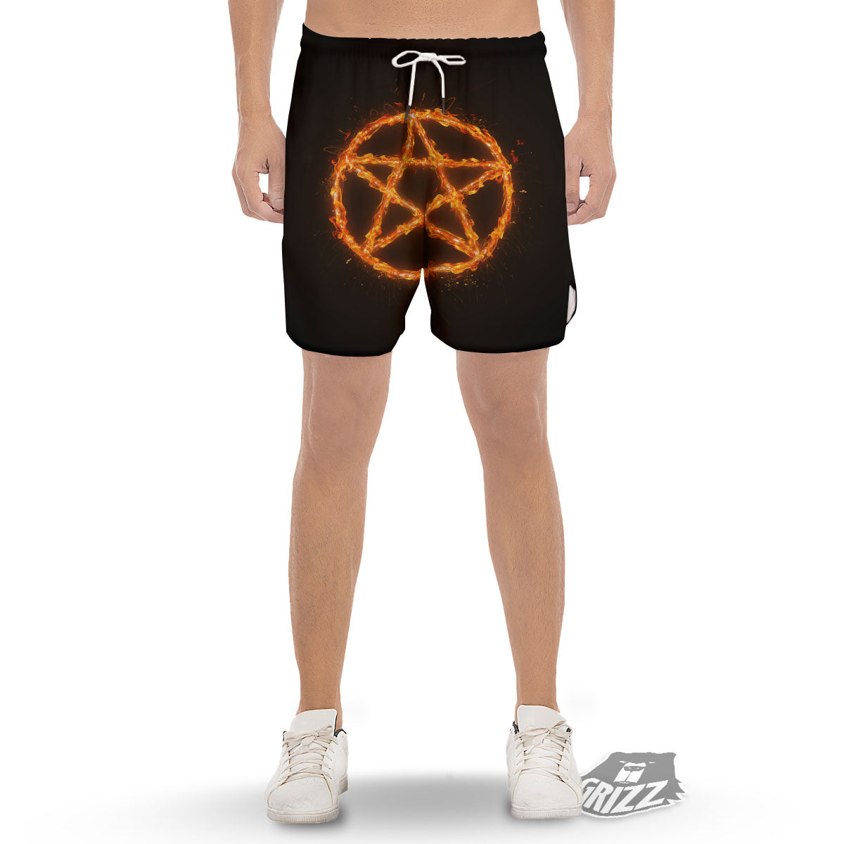 Pentagram Symbol Flaming Print Men's Gym Shorts-grizzshop