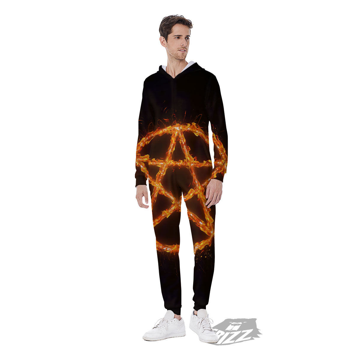 Pentagram Symbol Flaming Print Men's Jumpsuit-grizzshop