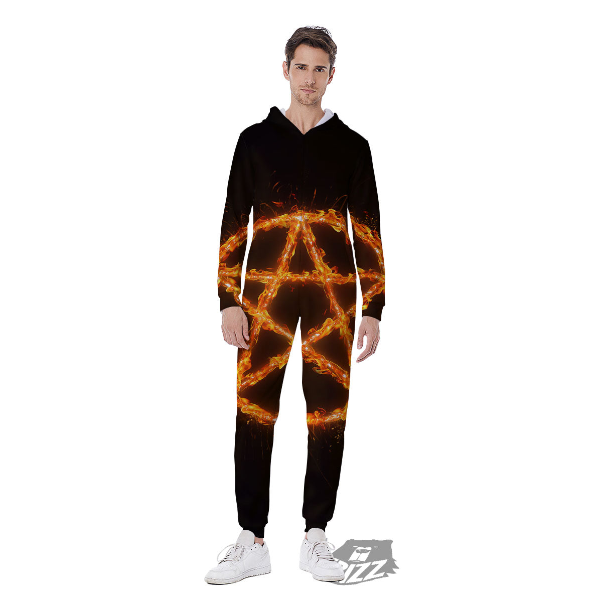 Pentagram Symbol Flaming Print Men's Jumpsuit-grizzshop