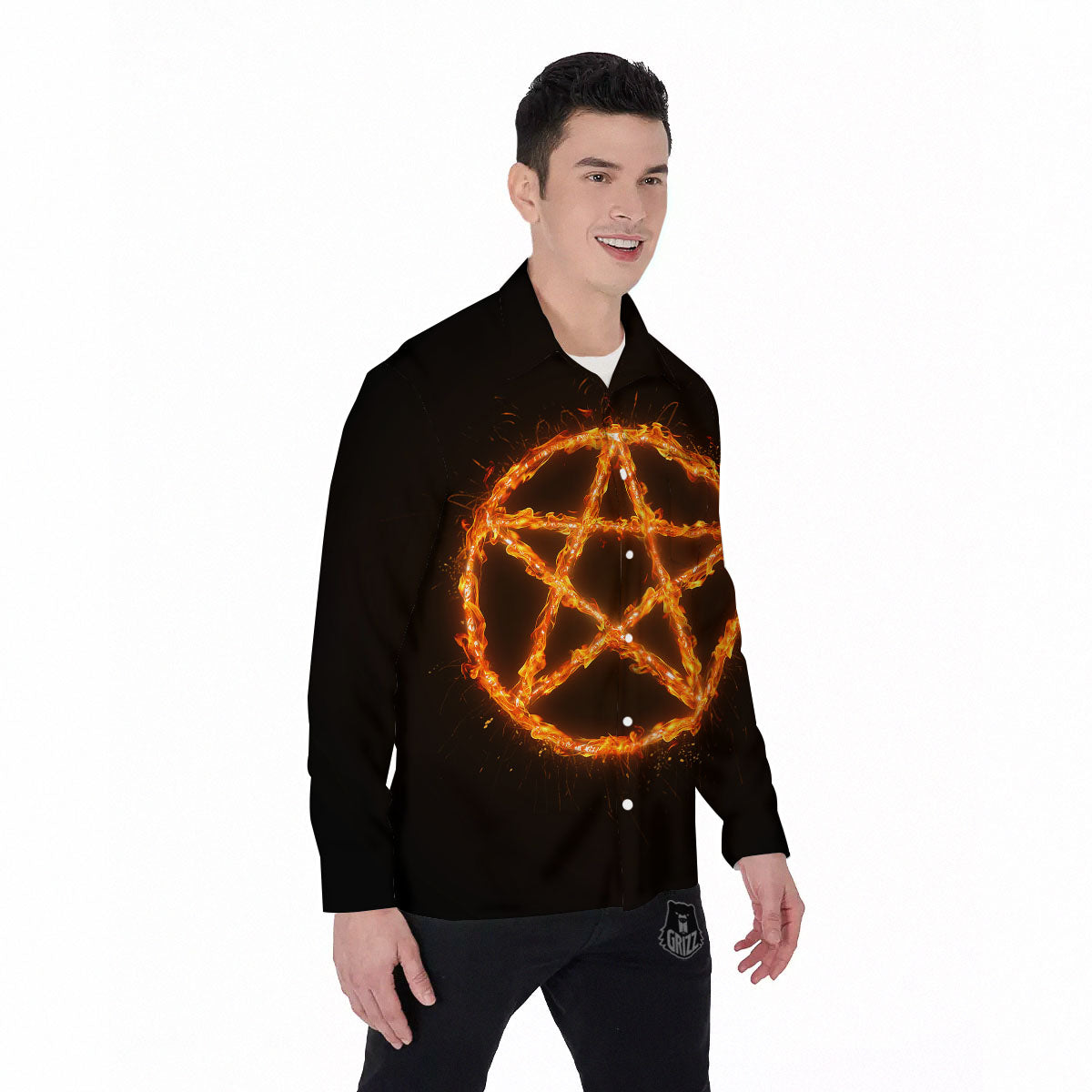 Pentagram Symbol Flaming Print Men's Long Sleeve Shirts-grizzshop