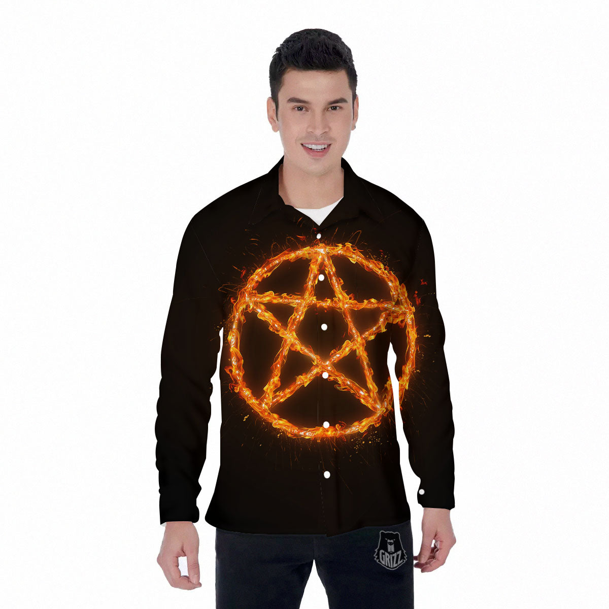 Pentagram Symbol Flaming Print Men's Long Sleeve Shirts-grizzshop