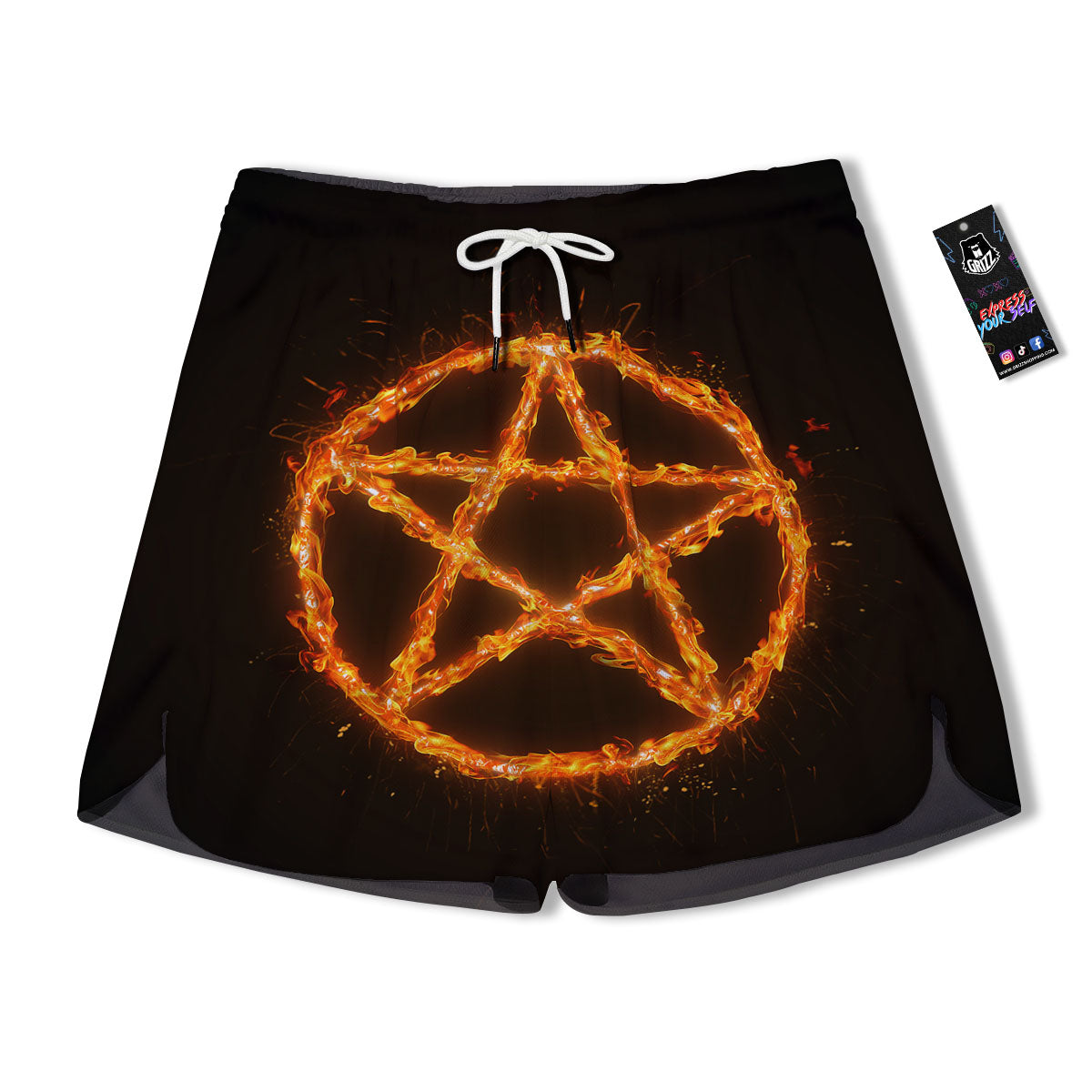 Pentagram Symbol Flaming Print Men's Running Shorts-grizzshop