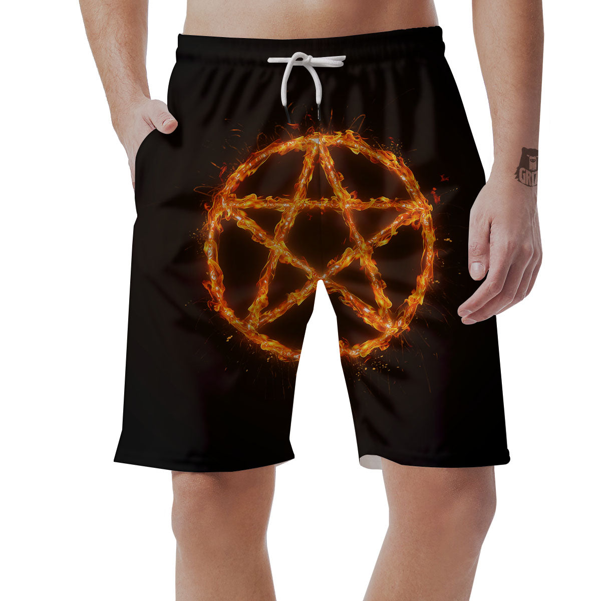 Pentagram Symbol Flaming Print Men's Shorts-grizzshop