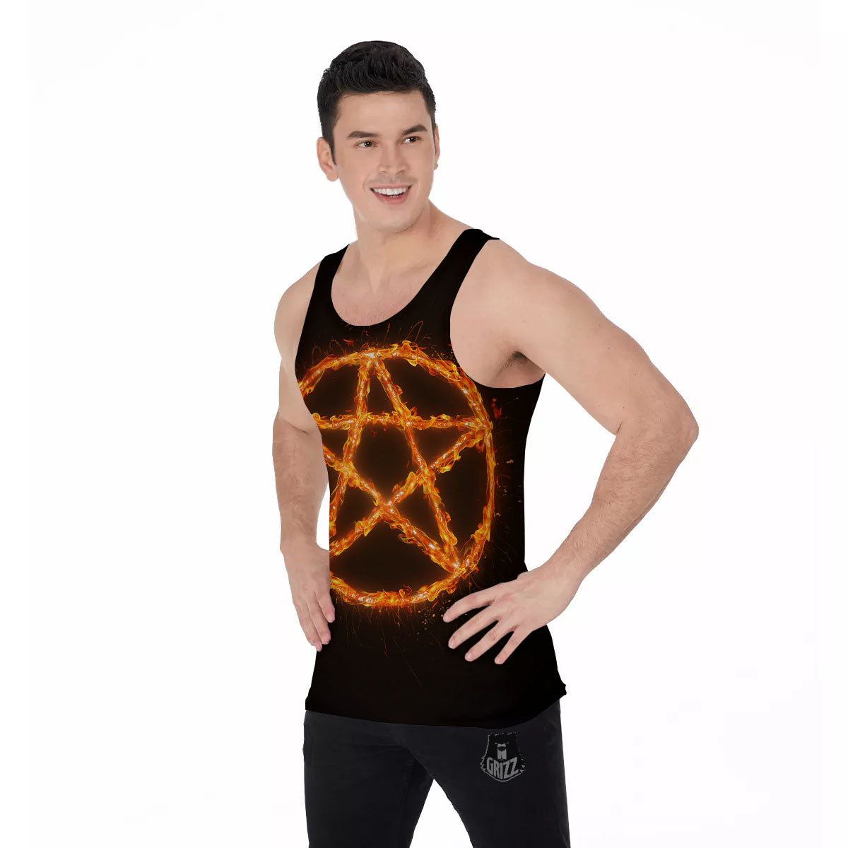 Pentagram Symbol Flaming Print Men's Tank Top-grizzshop