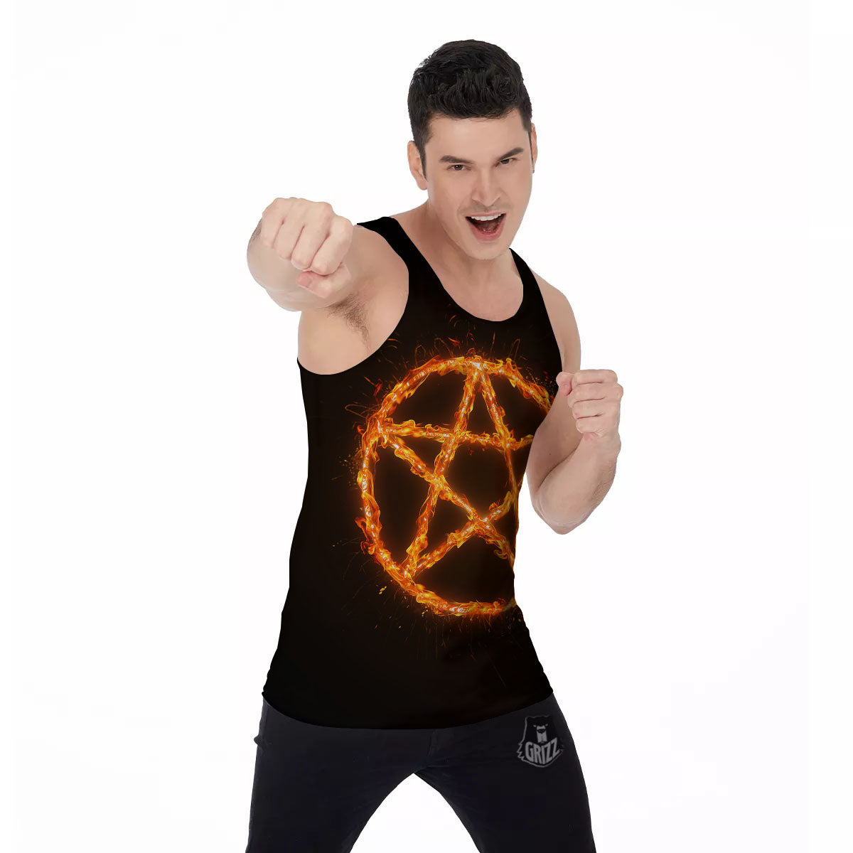 Pentagram Symbol Flaming Print Men's Tank Top-grizzshop