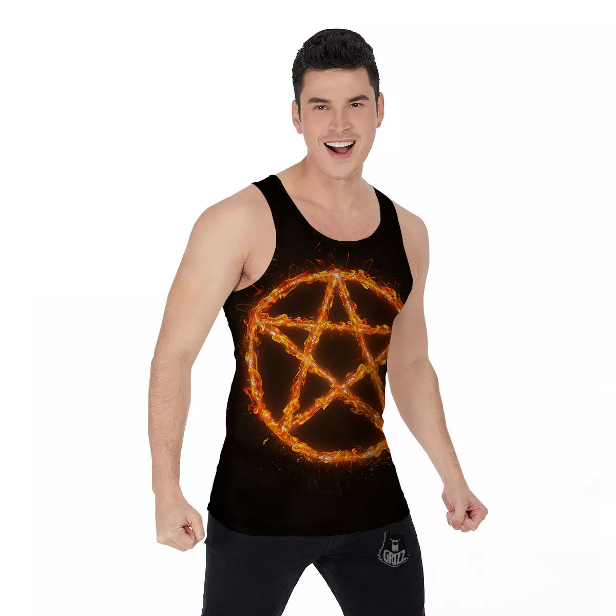 Pentagram Symbol Flaming Print Men's Tank Top-grizzshop
