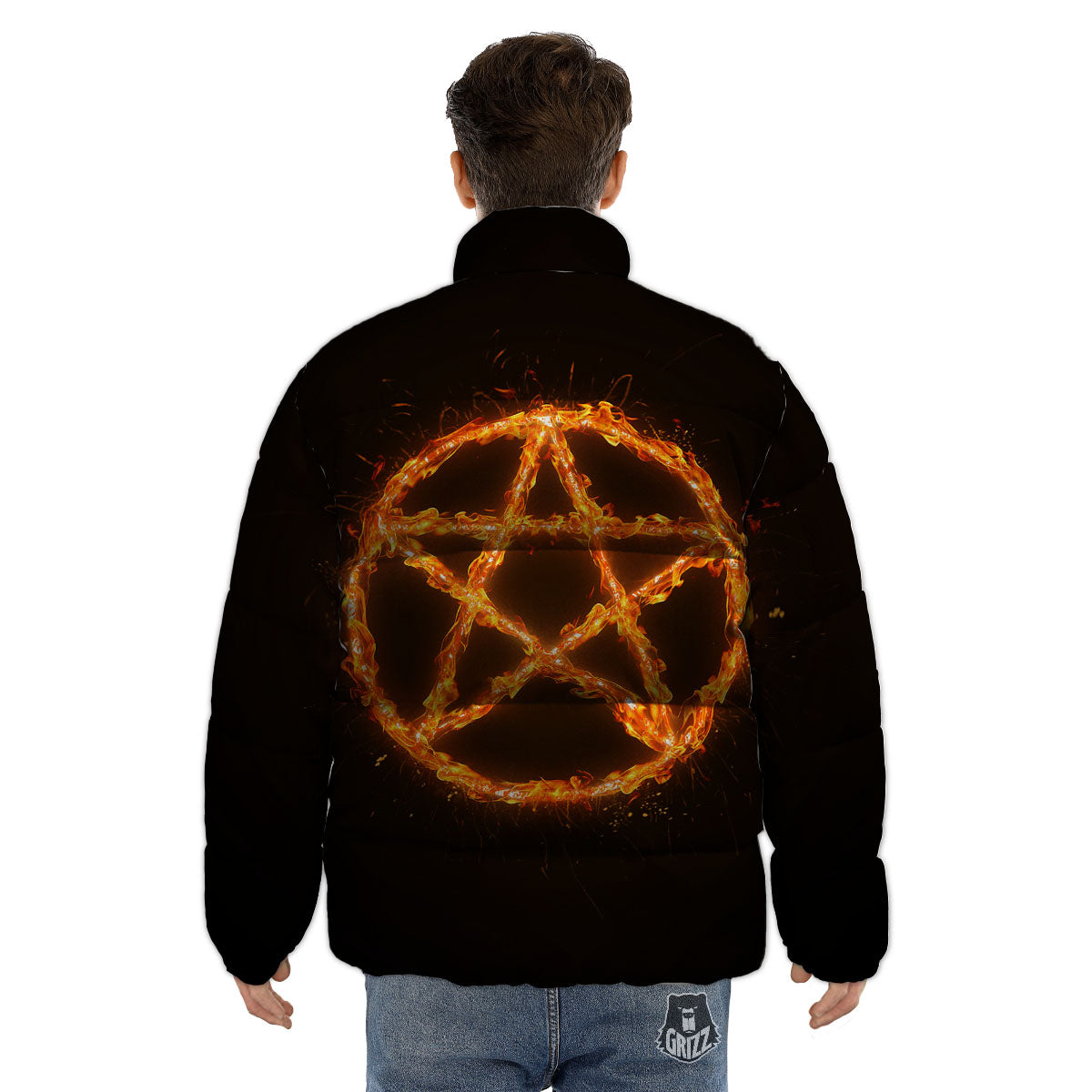 Pentagram Symbol Flaming Print Puffer Jacket-grizzshop