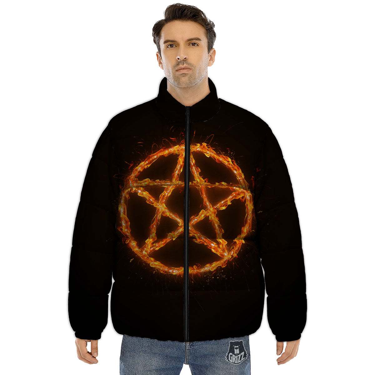 Pentagram Symbol Flaming Print Puffer Jacket-grizzshop