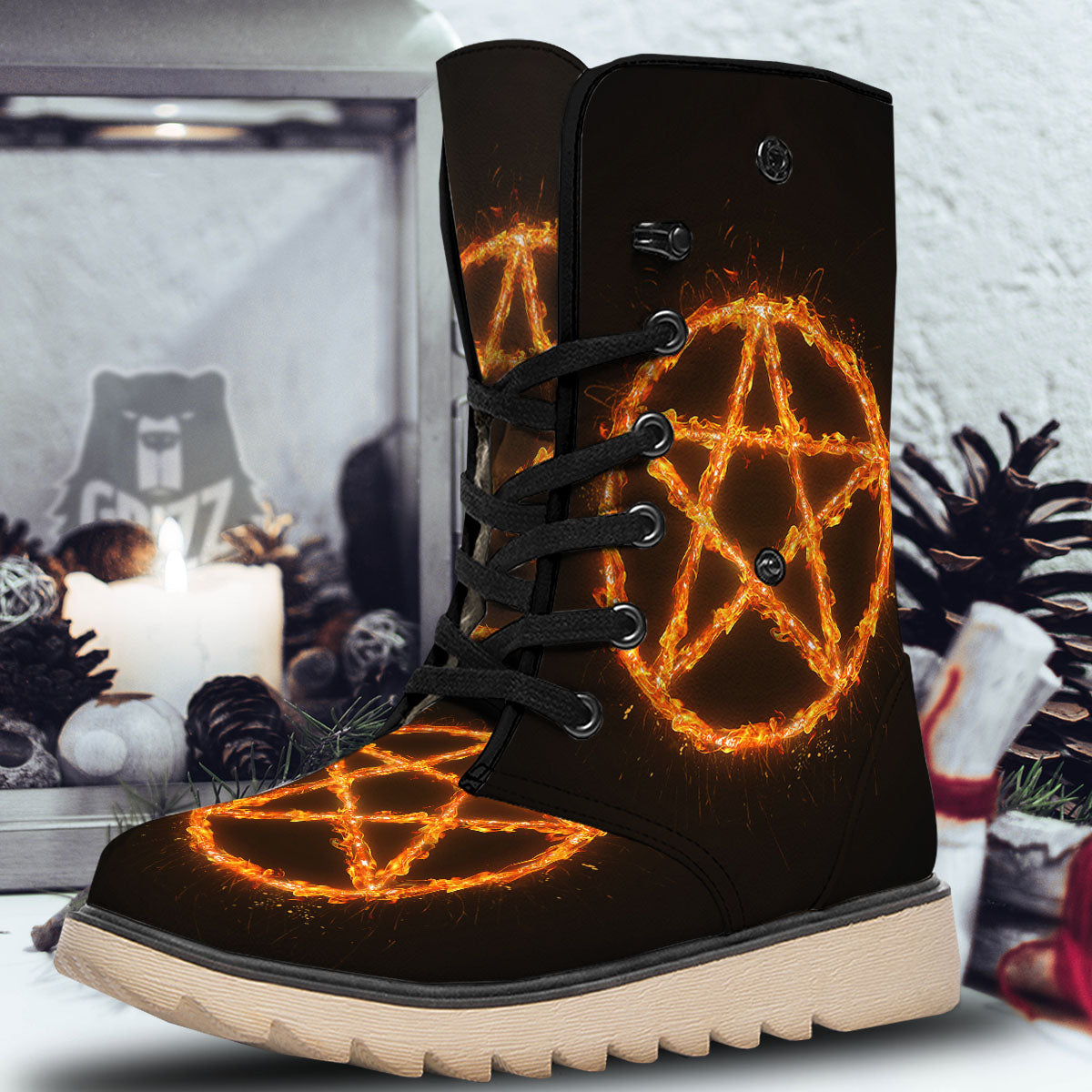 Pentagram Symbol Flaming Print Snow Boots-grizzshop