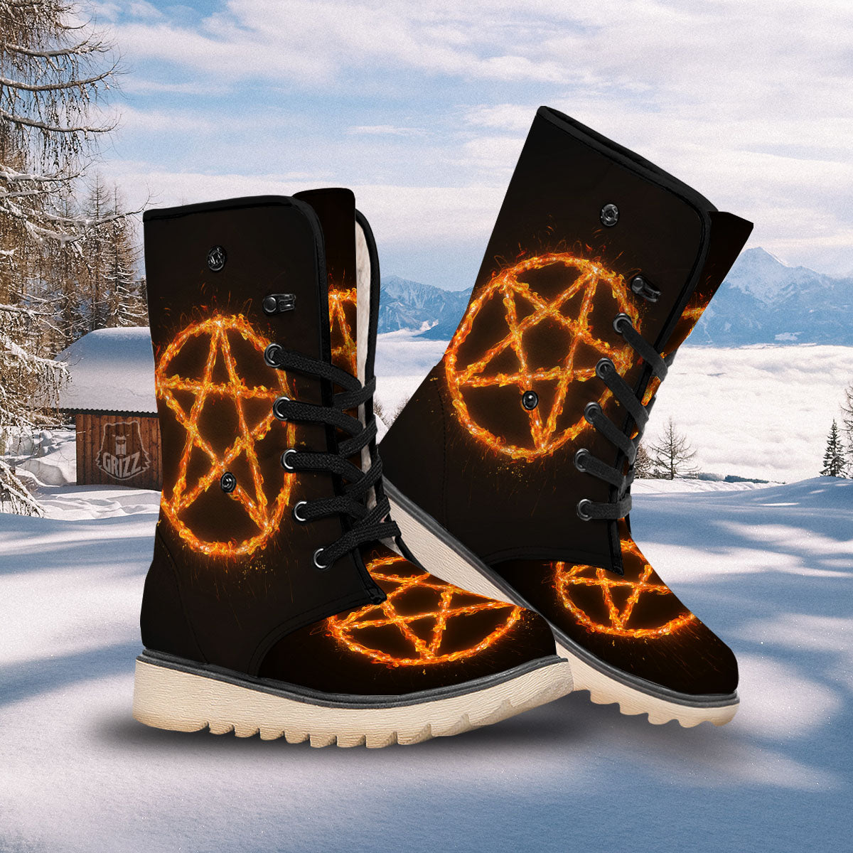 Pentagram Symbol Flaming Print Snow Boots-grizzshop