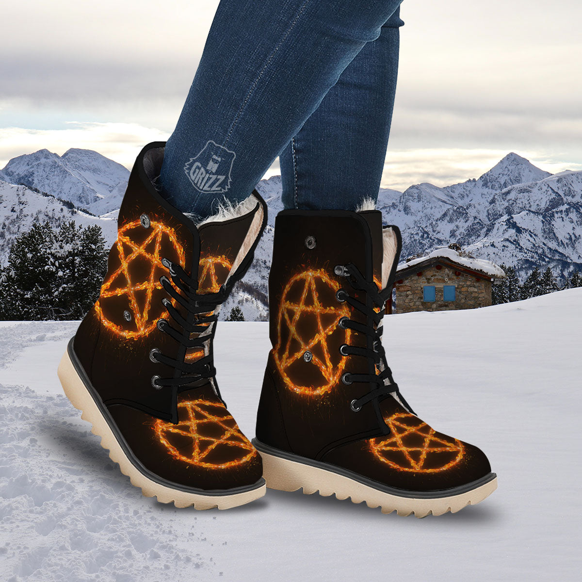 Pentagram Symbol Flaming Print Snow Boots-grizzshop