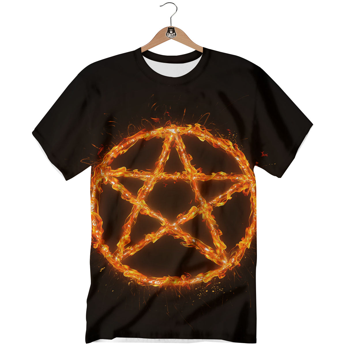 Pentagram Symbol Flaming Print T-Shirt-grizzshop