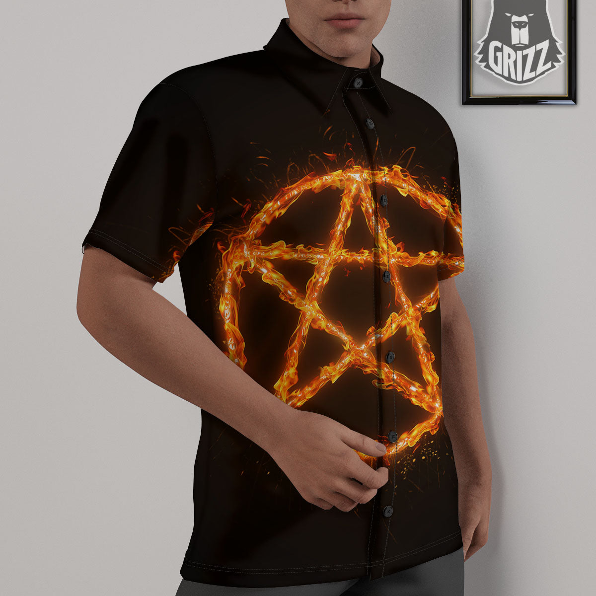 Pentagram Symbol Flaming Print Untucked Shirts-grizzshop