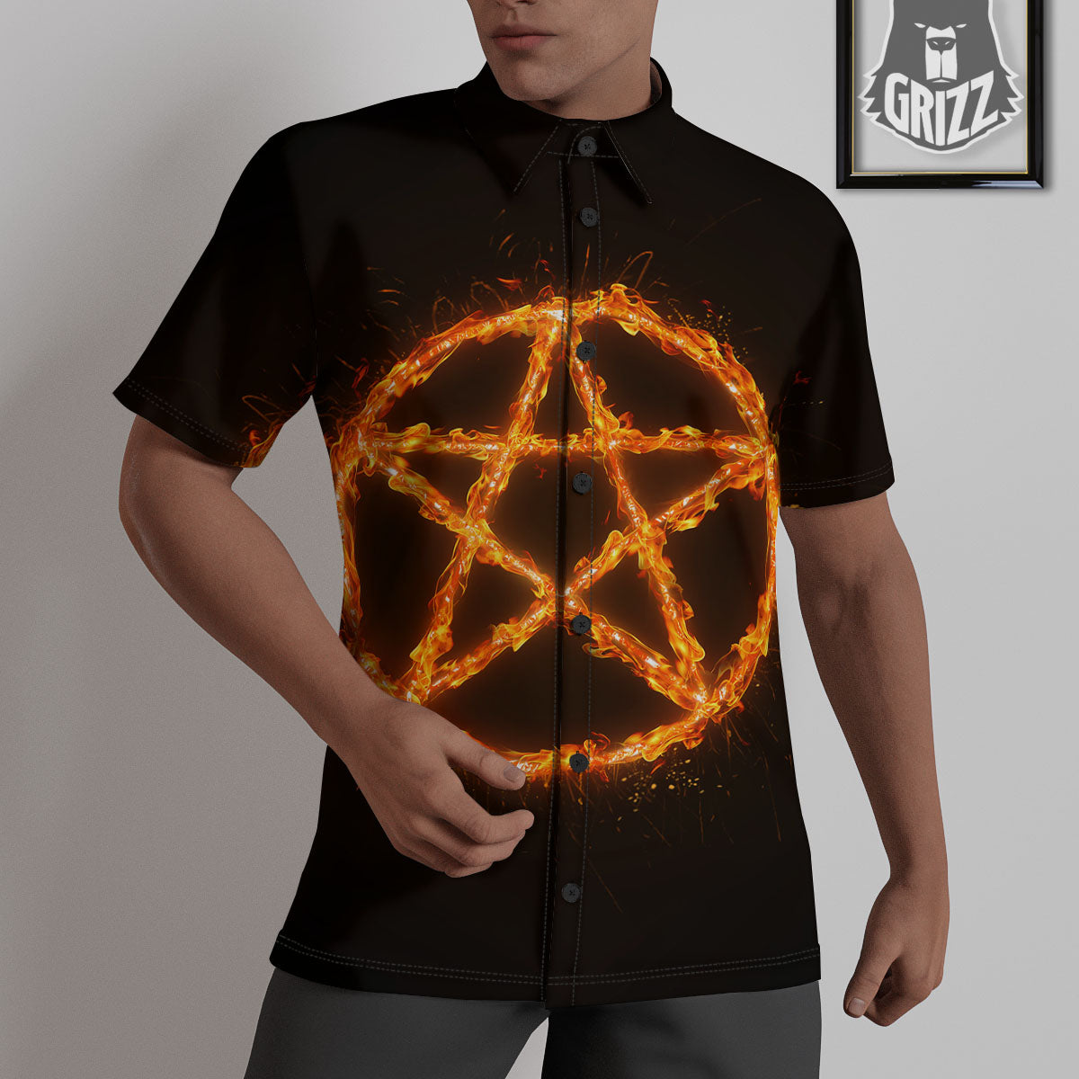 Pentagram Symbol Flaming Print Untucked Shirts-grizzshop