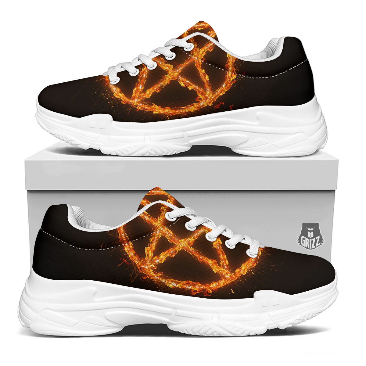 Pentagram Symbol Flaming Print White Chunky Shoes-grizzshop