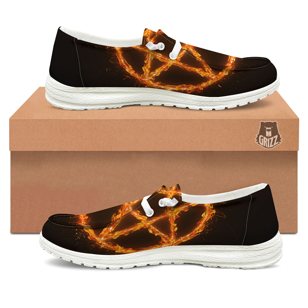 Pentagram Symbol Flaming Print White Loafers-grizzshop