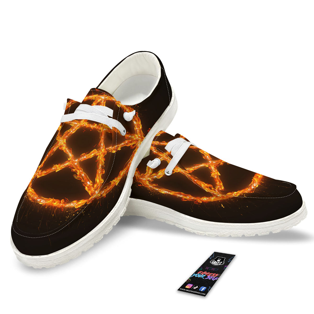 Pentagram Symbol Flaming Print White Loafers-grizzshop