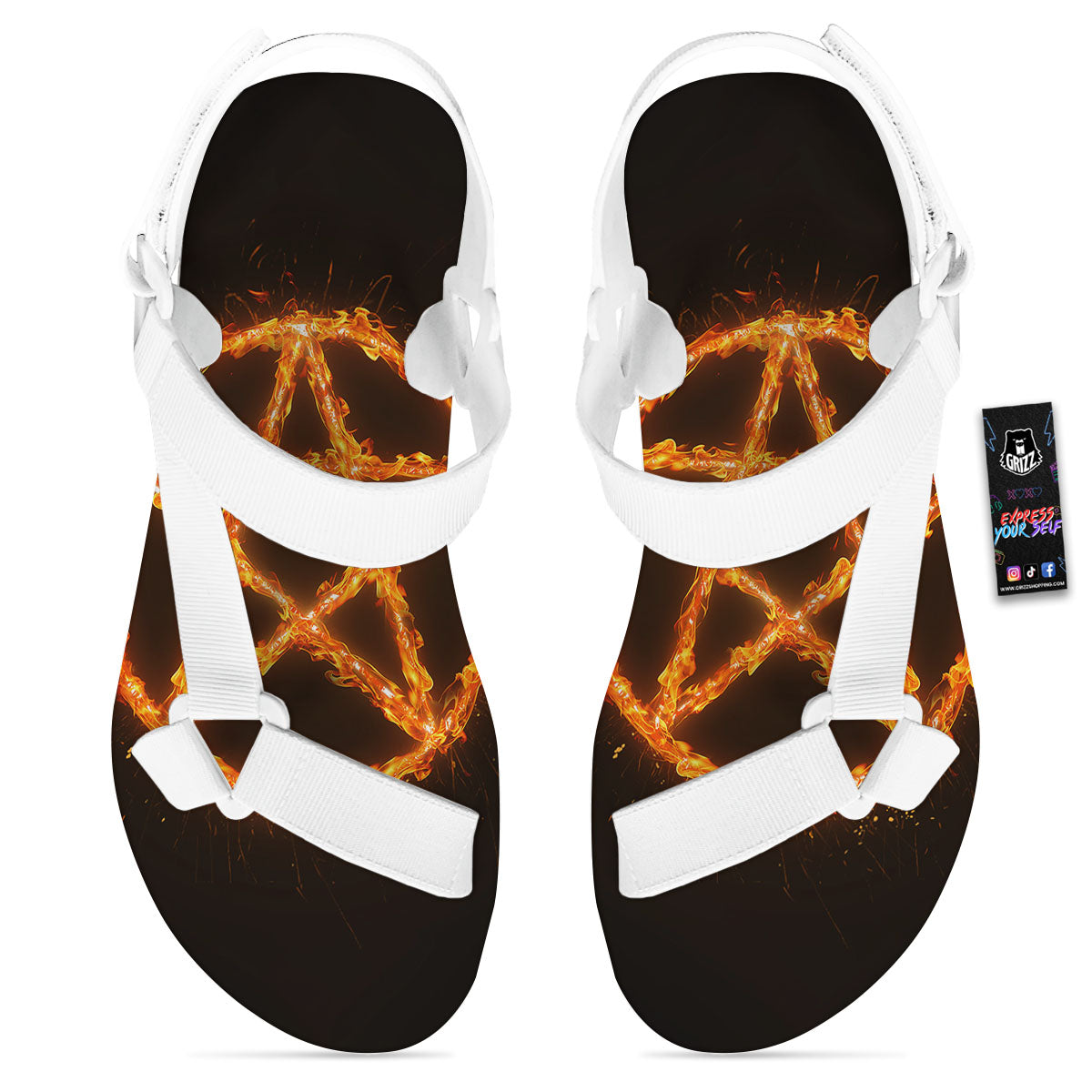 Pentagram Symbol Flaming Print White Open Toe Sandals-grizzshop