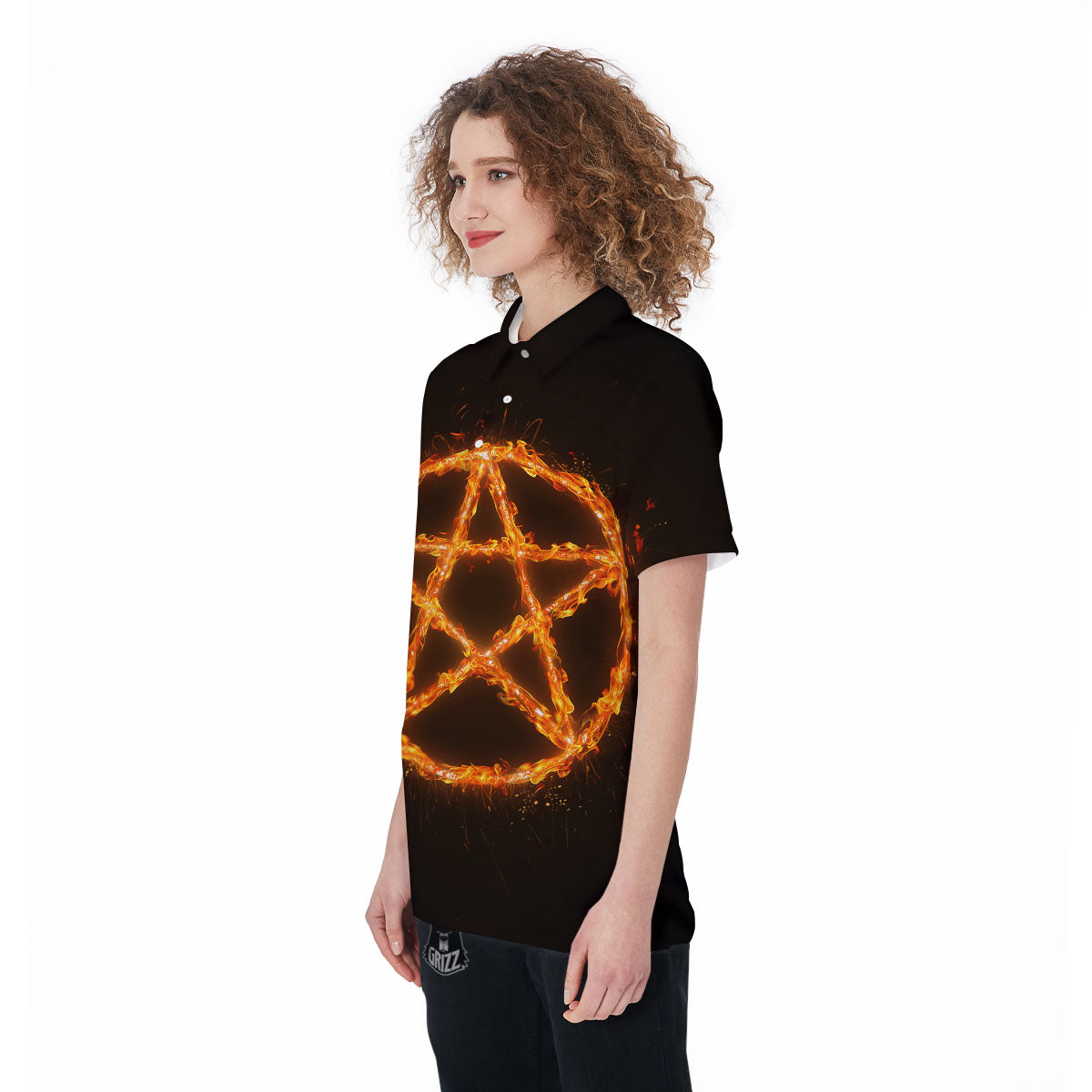 Pentagram Symbol Flaming Print Women's Golf Shirts-grizzshop