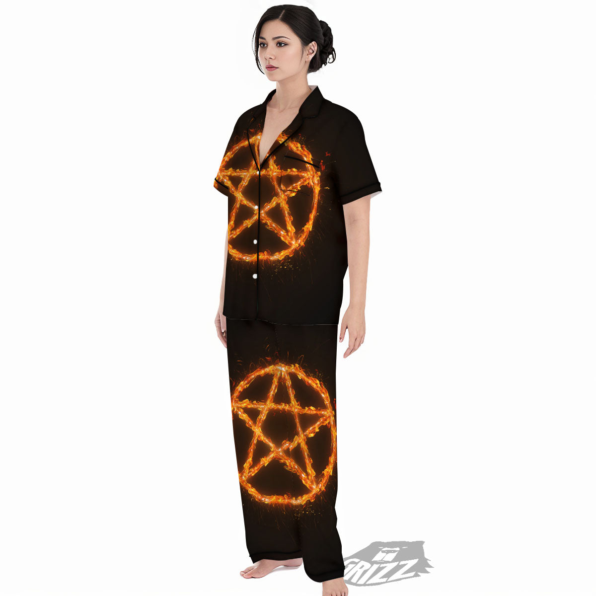 Pentagram Symbol Flaming Print Women's Pajamas Set-grizzshop