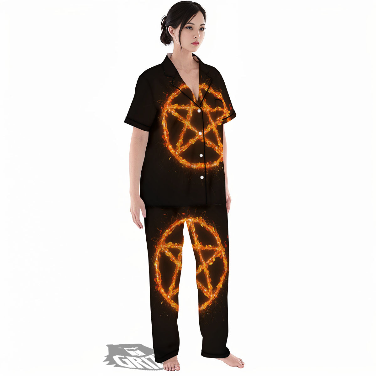 Pentagram Symbol Flaming Print Women's Pajamas Set-grizzshop