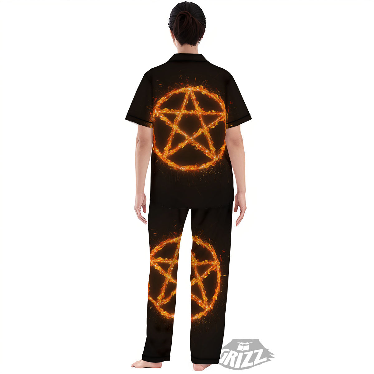 Pentagram Symbol Flaming Print Women's Pajamas Set-grizzshop